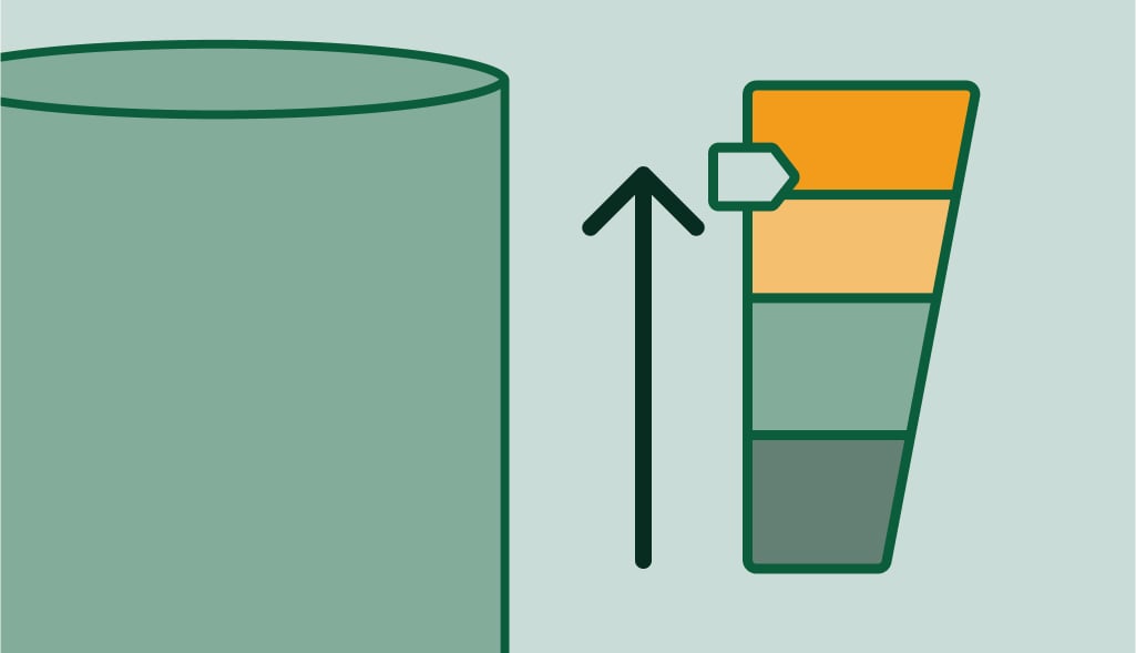 Illustration of a water heater tank with a vertical thermostat, showing an increase in temperature.