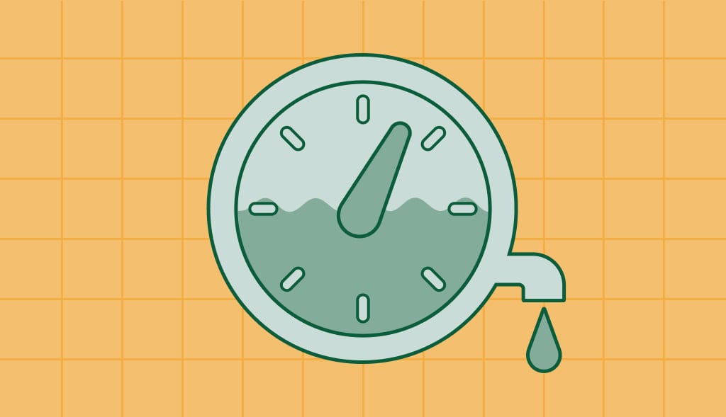 An illustration of a water tank represented as a clock, with water draining out from its right bottom corner.