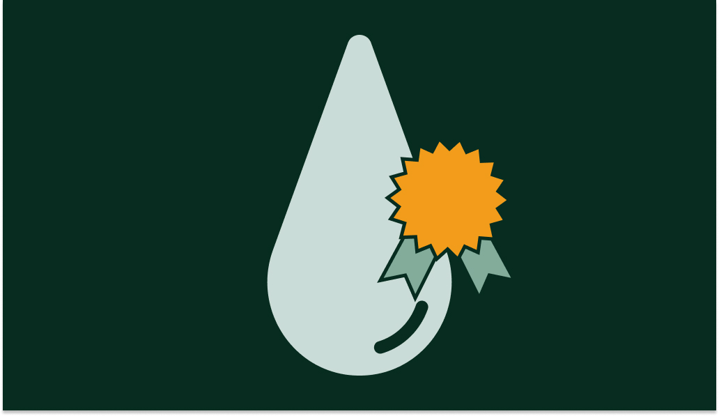 An illustration of a water drop carrying a certification badge.