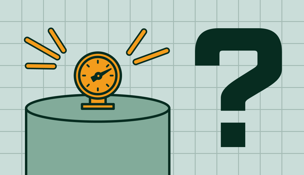 Water heater with pressure gauge and question mark, symbolizing causes of excessive pressure in a hot water heater.