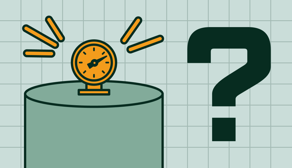 Water heater with pressure gauge and question mark, symbolizing causes of excessive pressure in a hot water heater.