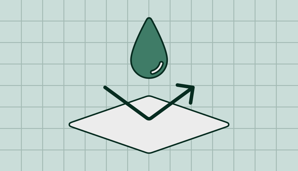 A water drop on a metal slab, with an arrow going at a 90 degrees angle.