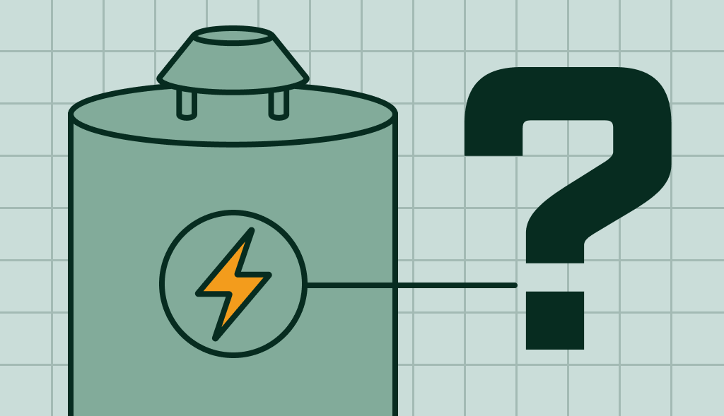 Illustration of a gas water heater with an electric symbol and question mark, representing Corro-Protec’s insights on power use.