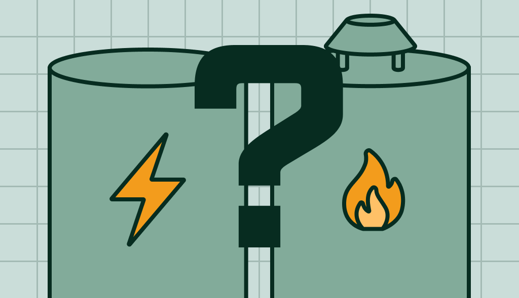 Electric and gas water heaters side by side with a question mark, symbolizing gas or electric heater choice.