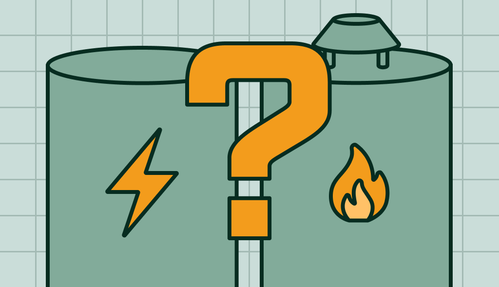 Electric and gas water heaters side by side with a question mark, symbolizing gas or electric heater choice.