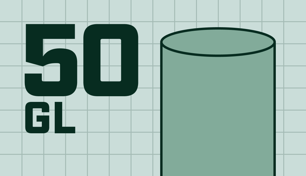 Illustration of a 50-gallon water heater with distinct markings.