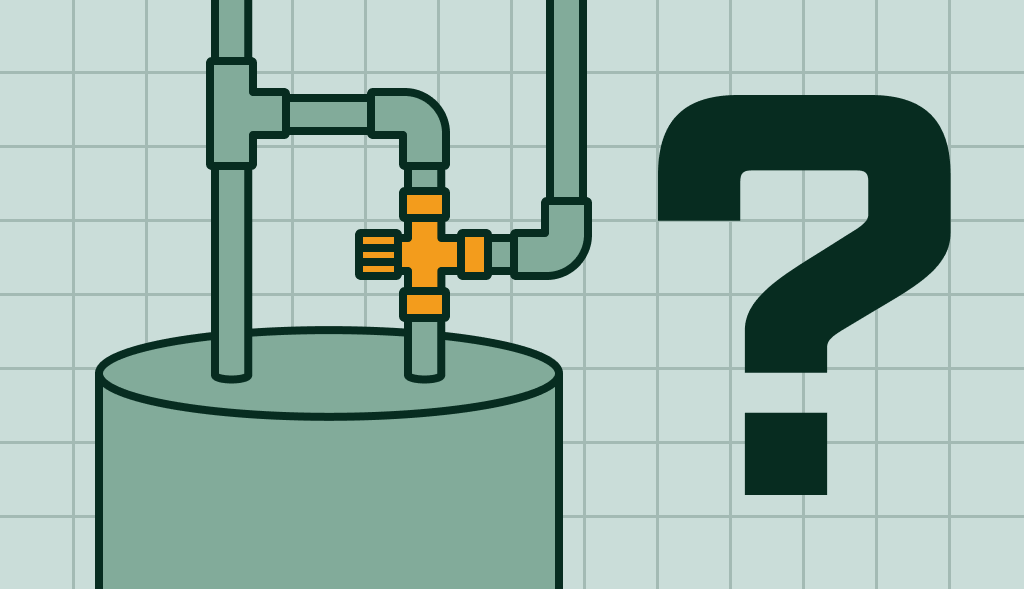 Water heater with a mixing valve on the outlet piping beside a question mark, representing how mixing valves work.