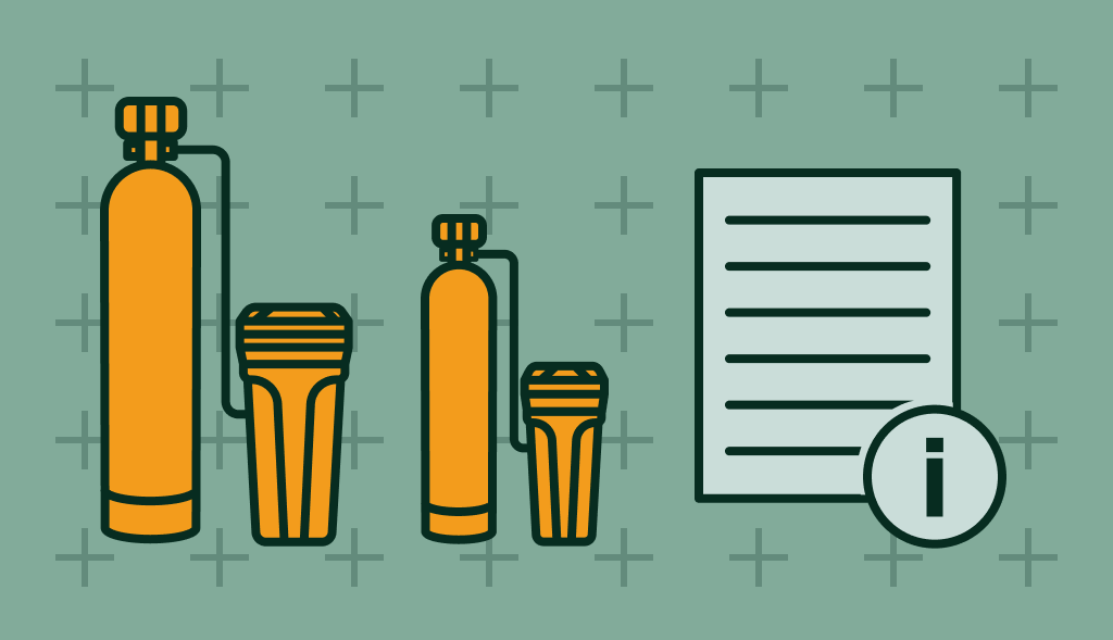 Illustration of different-sized water softeners connected in series beside an info sheet, showing how to size a water softener.