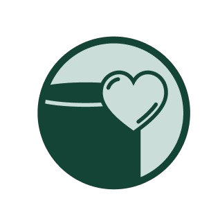 Stylized dark green circular logo featuring a heart overlapping a curved line