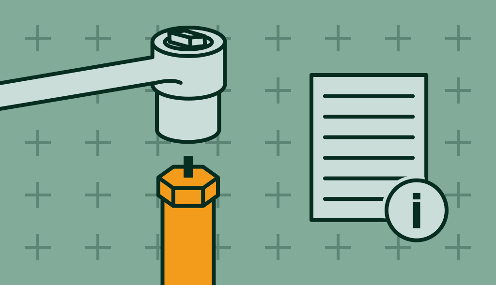 Wrench above an anode rod beside an info sheet, representing a guide to anode rod socket size.