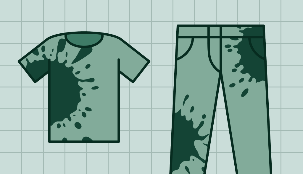 A t-shirt. and pants with stains on them