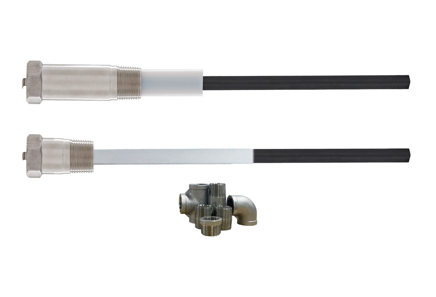 Powered anode rods for water heaters with threaded stainless steel heads, protective sleeves, and installation fittings displayed on white background.