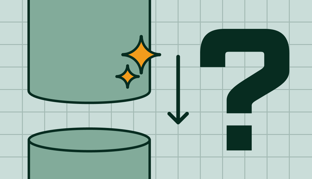 Shiny water heater lifted above another with a downward arrow and question mark, symbolizing replacing before failure.