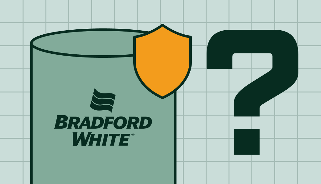 Bradford White water heater with shield icon and question mark, symbolizing questions about warranty coverage.