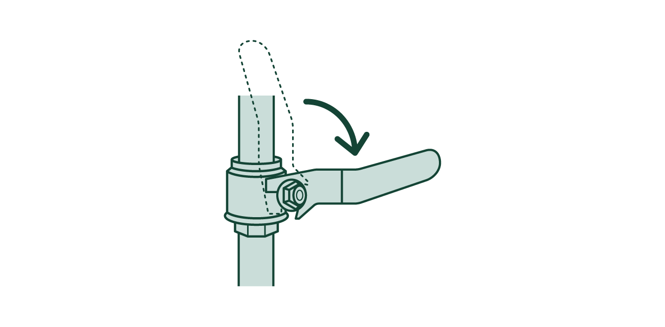 Illustration of an arrow turning a ball valve handle clockwise to shut off the water supply.