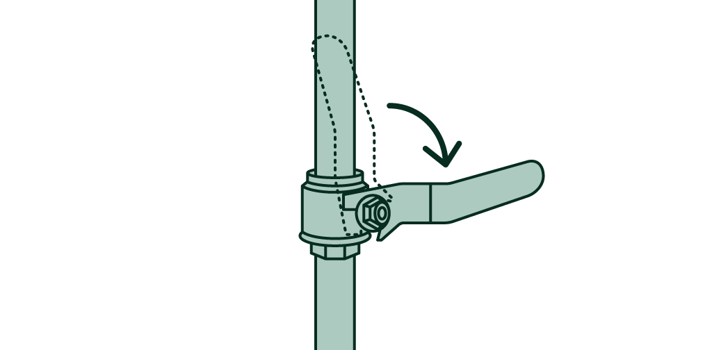 Ilustración de una válvula de bola girada en sentido horario para cerrar el suministro de agua.