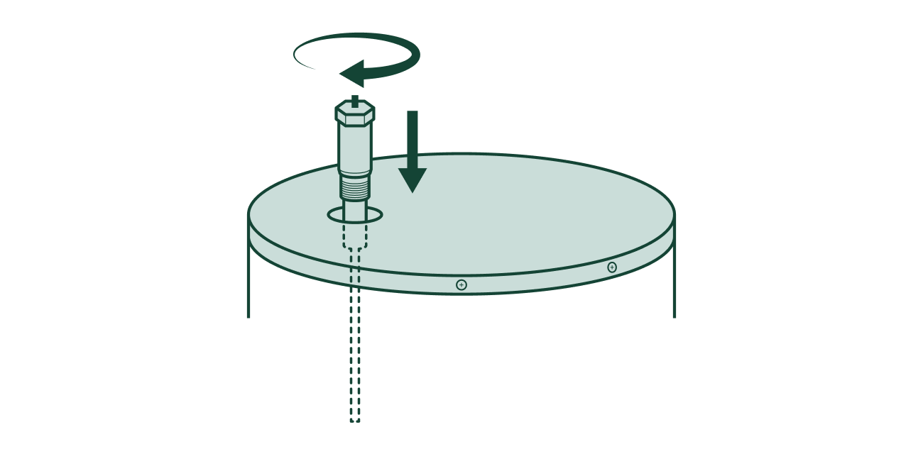 Illustration of an anode rod being inserted and screwed into the top of a water heater tank.