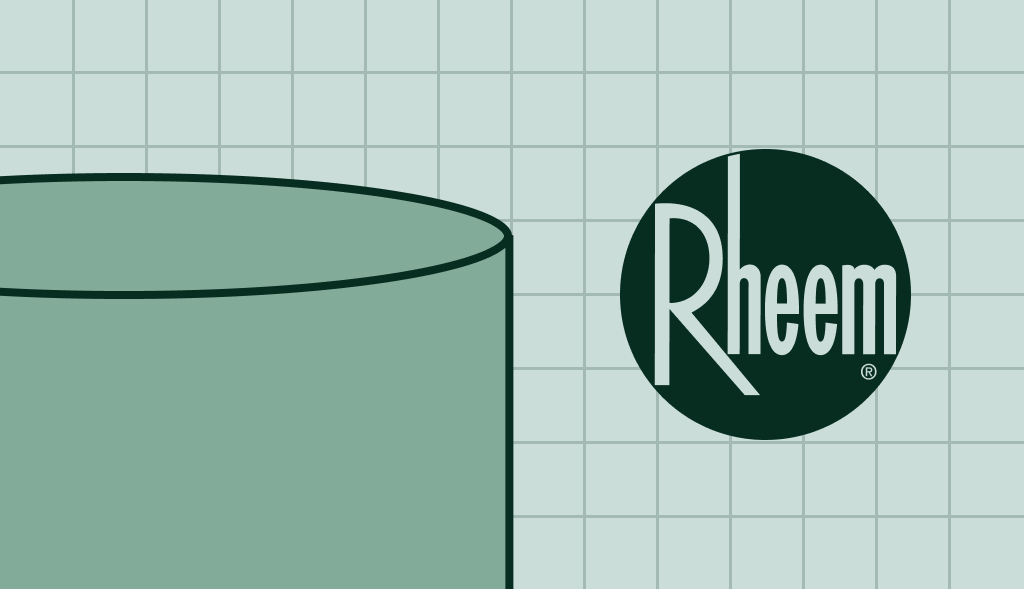 Rheem water heater illustration with green cylindrical tank on a light blue grid background and Rheem logo.