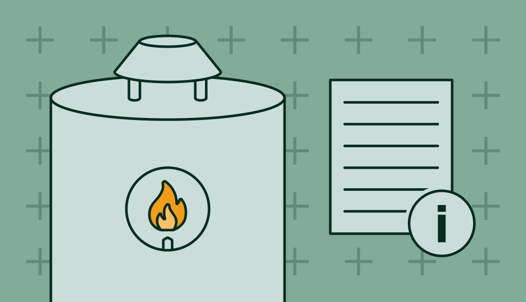 Gas water heater with flame icon next to an information sheet symbol, representing product or installation details.