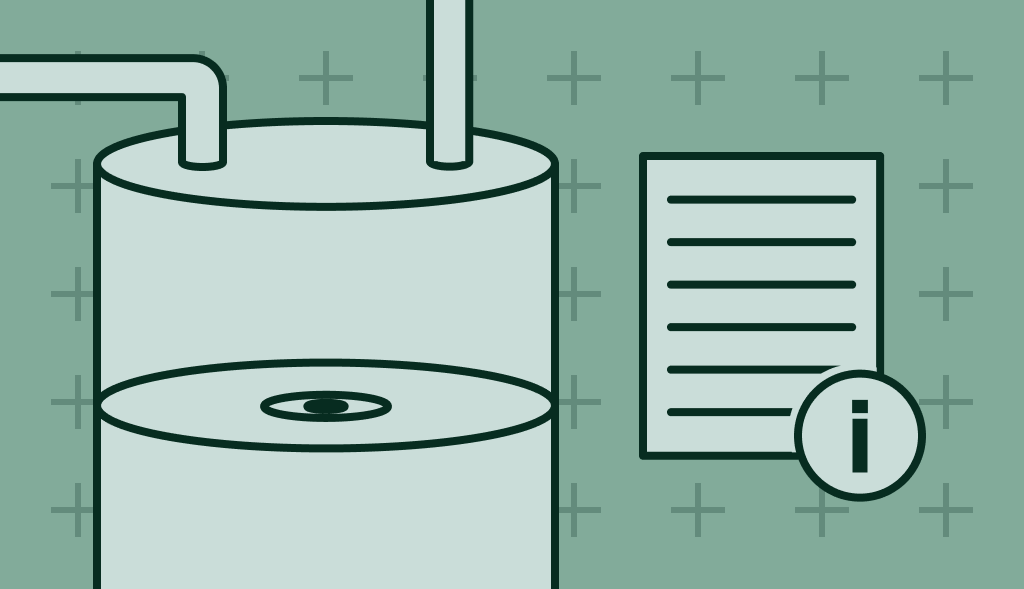 Heat pump water heater with top pipes next to an information sheet icon, representing product specifications or installation guide.