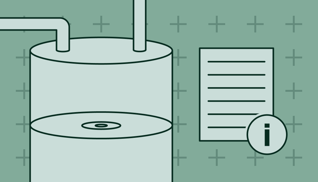 Heat pump water heater with top pipes next to an information sheet icon, representing product specifications or installation guide.