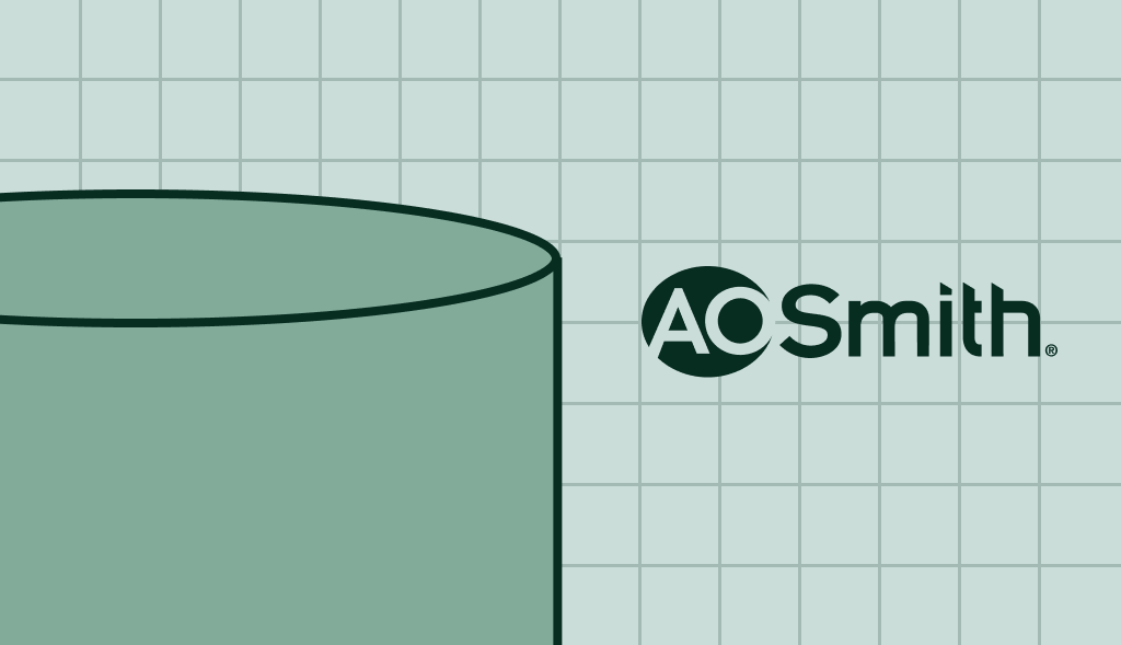 AO Smith water heater illustration with green cylindrical tank on a light blue grid background and AO Smith logo.