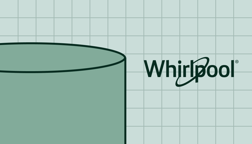 Illustration of a green water heater tank beside the Whirlpool Water Heaters logo on a tiled background.