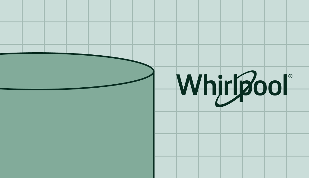 Illustration of a green water heater tank beside the Whirlpool Water Heaters logo on a tiled background.