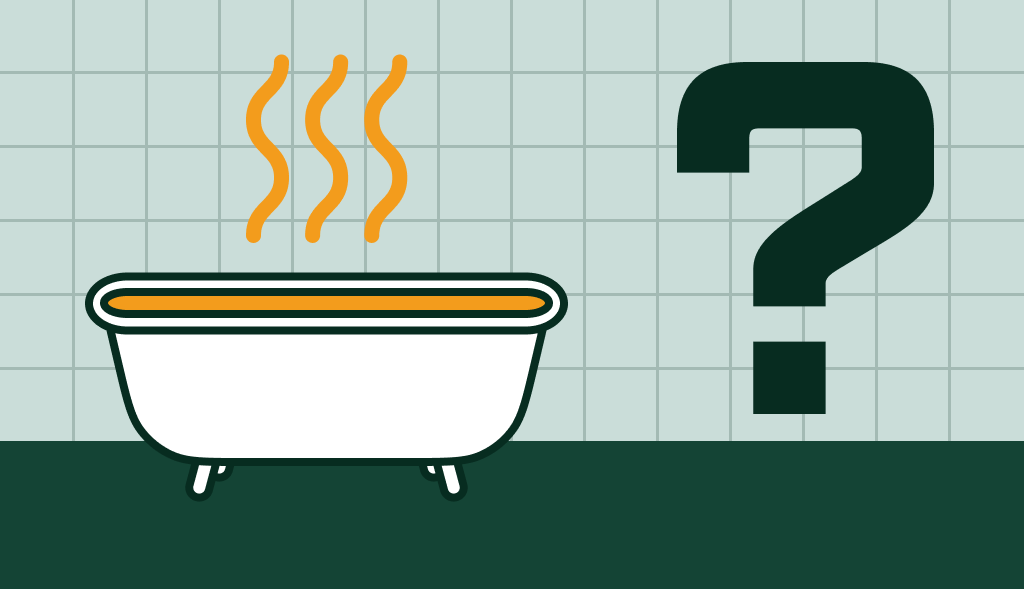 Bathtub with rising steam beside a large question mark, suggesting uncertainty about hot water availability.
