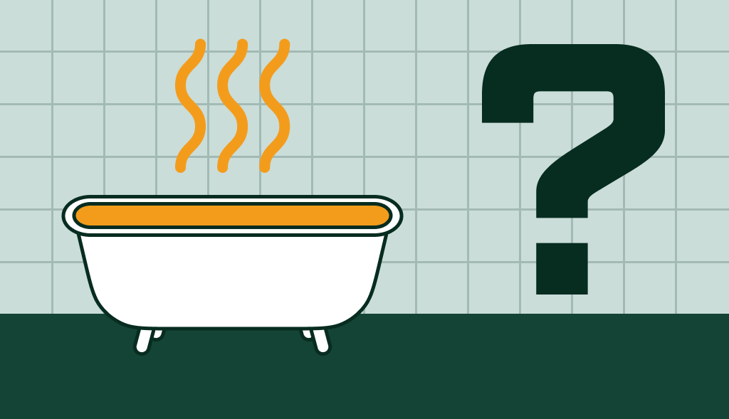 Bathtub with rising steam beside a large question mark, suggesting uncertainty about hot water availability.