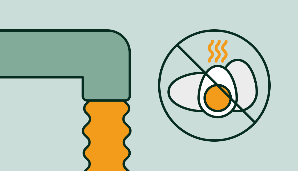 A faucet with water that smell like rotten eggs, with a x over the eggs.