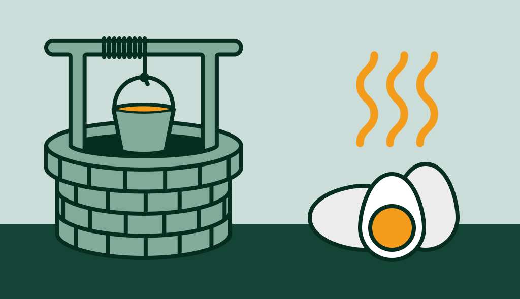 Water well with a bucket beside steaming rotten eggs, symbolizing sulfur smell in well water.