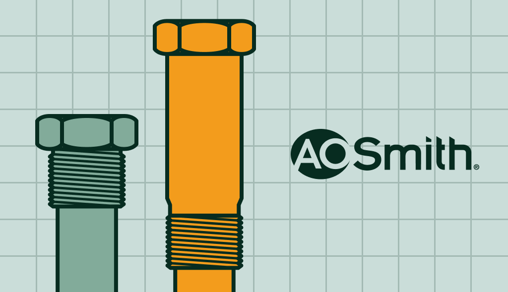 Illustration of two anode rods of different sizes beside a large AO Smith logo on a grid background.