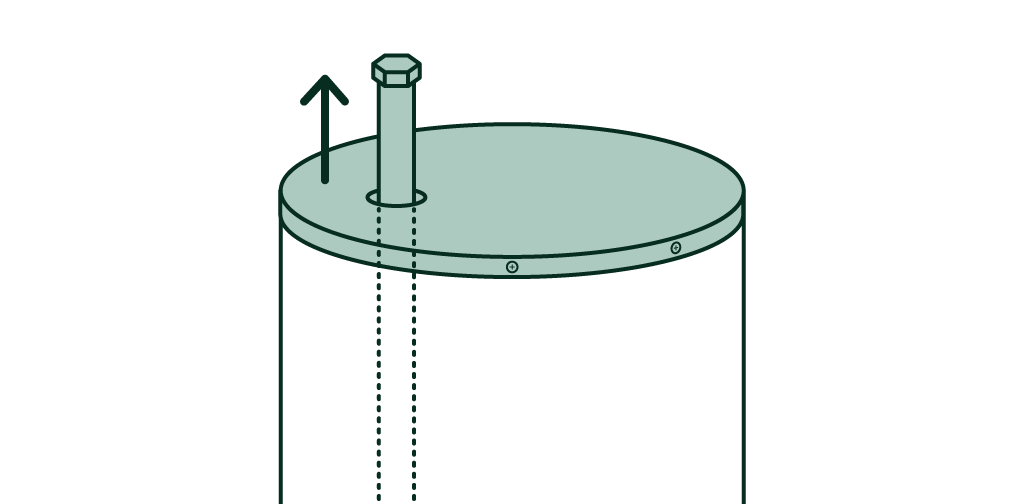 Illustration of an anode rod being lifted vertically out of the top of a water heater tank.