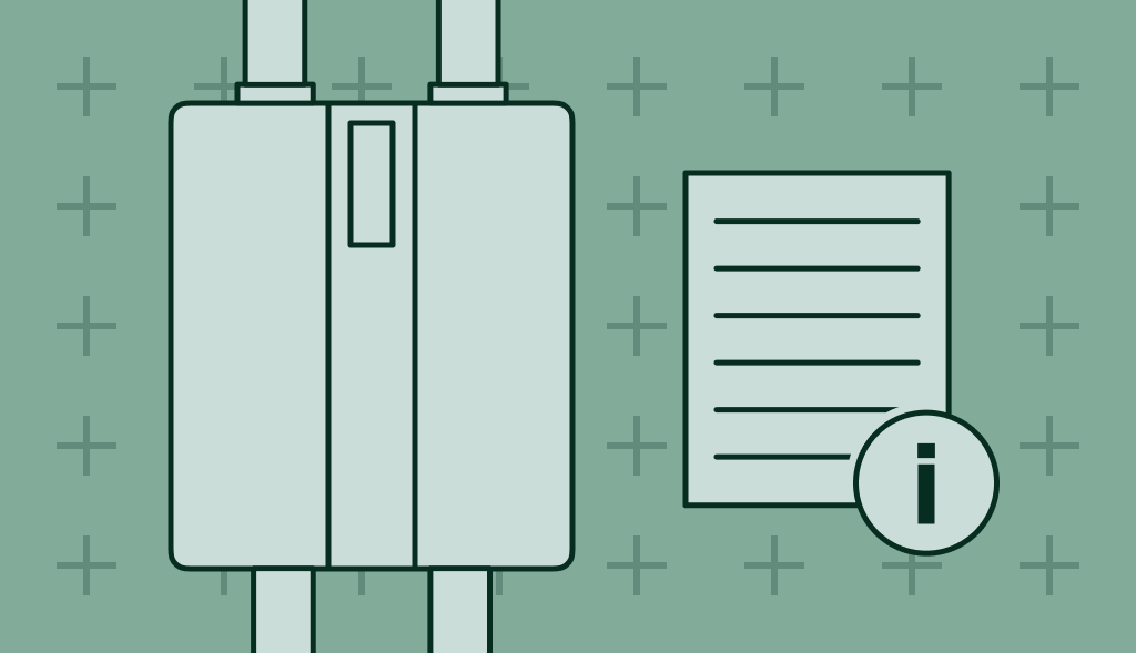 Tankless water heater next to an information sheet icon, symbolizing installation or product details.