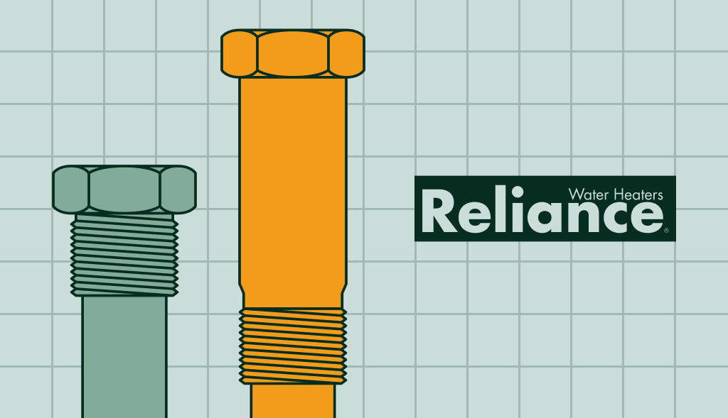 llustration of two anode rods, one orange and one green, with threaded ends on a grid background. To the right is the Reliance Water Heaters logo in white text on a dark green rectangle.
