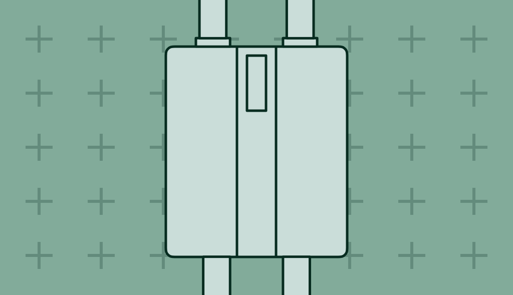 Illustration of a tankless water heater with inlet and outlet pipes on a green background.