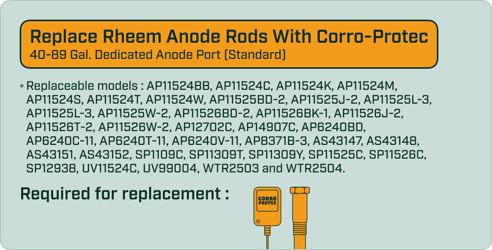 Replace Rheem anode rods (40–89 gal) with Corro-Protec. Lists compatible models and notes what's needed for replacement.