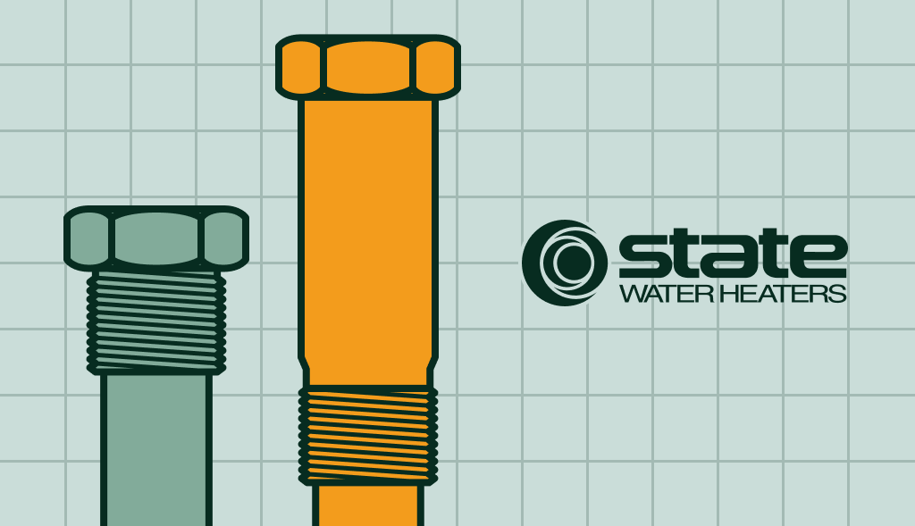 Two anode rods of different sizes next to the State Water Heaters logo.: one powered anode rod at the left and standard anode rod on the right.