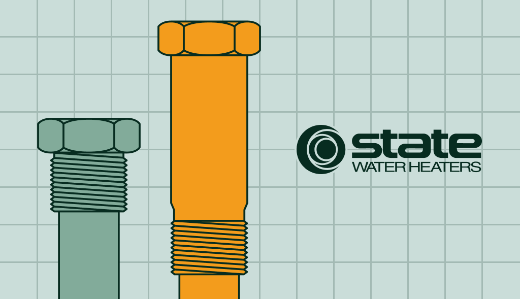 Two anode rods of different sizes next to the State Water Heaters logo.: one powered anode rod at the left and standard anode rod on the right