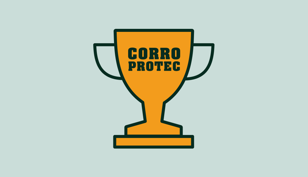 Gold trophy with "Corro Protec" on a light blue background