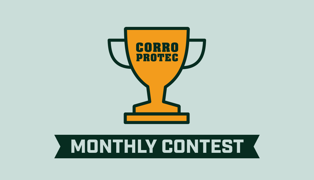 Gold trophy with "Corro Protec" logo above a black ribbon reading "Monthly Contest" on a light blue background