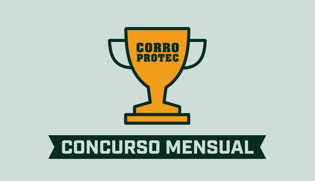 Trofeo con el logo 'Corro Protec' sobre una cinta que dice 'Concurso Mensual', todo sobre fondo claro