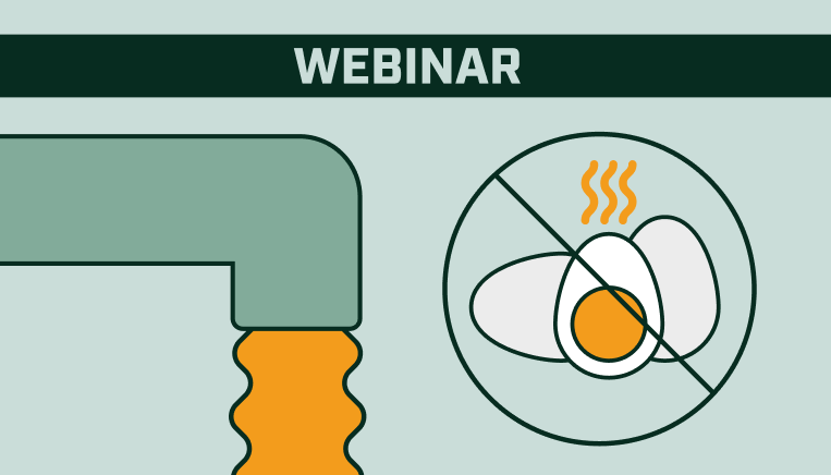 llustration of a water pipe with orange liquid flowing out, a 'no bad egg smell' symbol featuring crossed-out smelly eggs, and the word 'WEBINAR' at the top