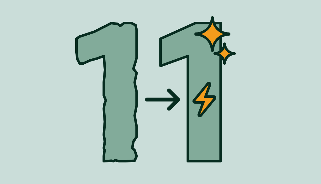 Illustration of the number 1 transforming from rough and corroded on the left to smooth, shiny, and powered with sparkles and a lightning bolt on the right, symbolizing an upgrade