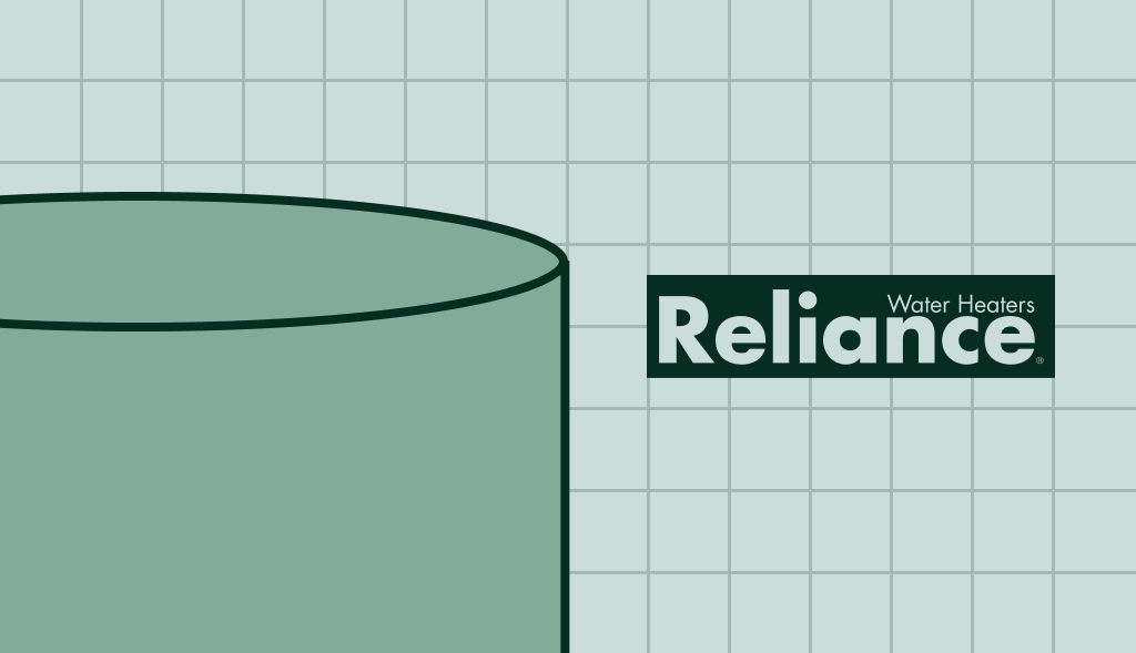 Reliance water heater illustration with green cylindrical tank on a light blue grid background and Reliance logo