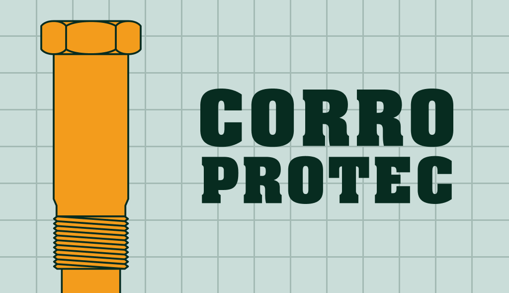 Corro-Protec powered anode rod logo illustration featuring an orange anode rod on a light blue grid background with bold dark green text “CORRO PROTEC”