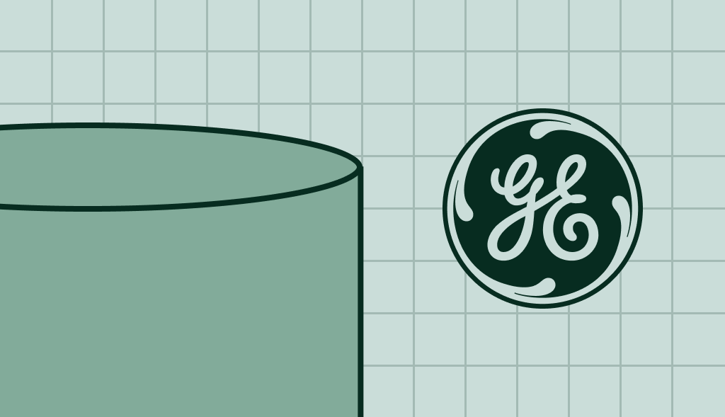 GE water heater illustration with green cylindrical tank on a light blue grid background and GE logo