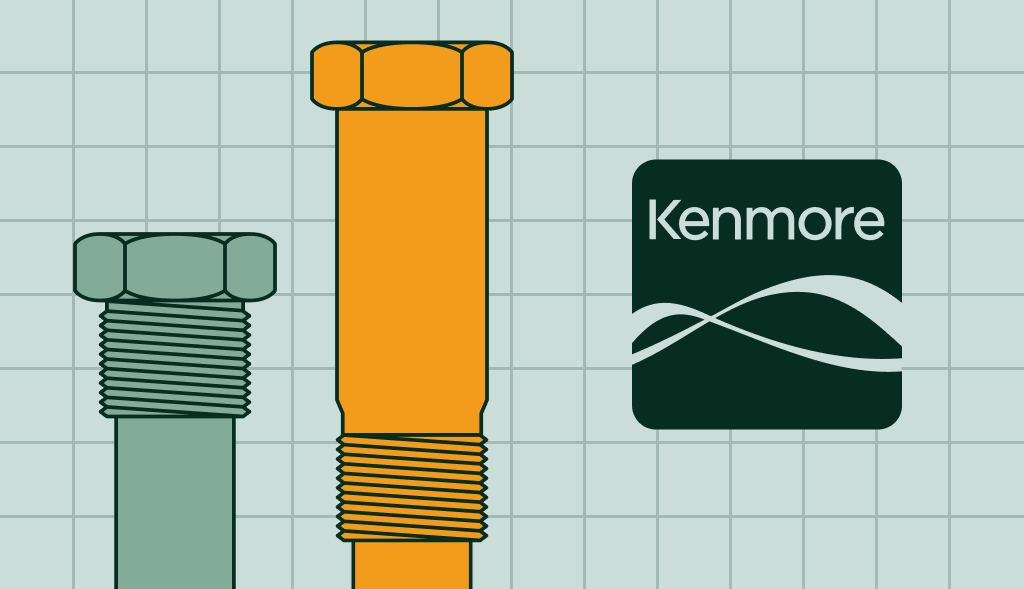 Two anode rods of different sizes next to the Kenmore Water Heaters logo.: one powered anode rod at the left and standard anode rod on the right