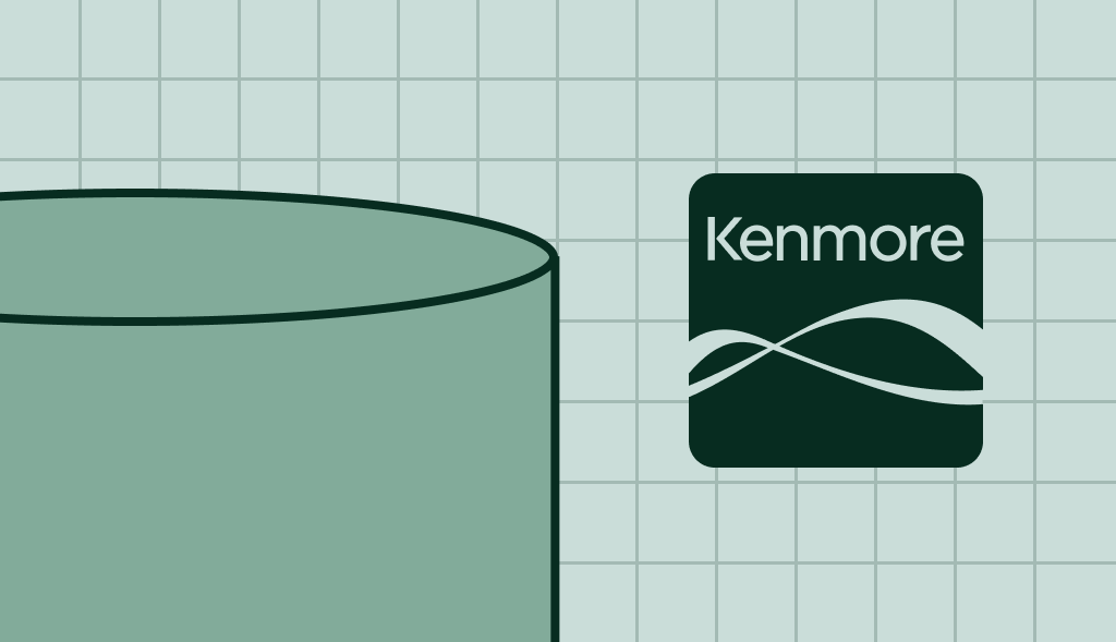 Kenmore water heater illustration with green cylindrical tank on a light blue grid background and Kenmore logo
